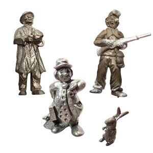 4 Vintage Pewter/Lead (?) Mini Figures Hunter Clown Man in Coat & Rabbit
